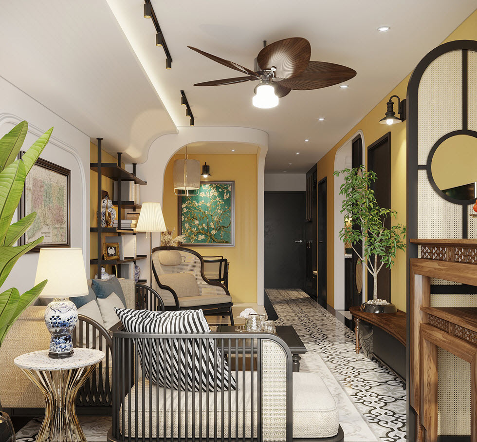 Trên nền đen - trắng kết hợp hài hòa, tường sơn vàng đặc trưng của phong cách nội thất Indochine tạo cảm giác ấm cúng, thân thuộc cho căn hộ 90m2.