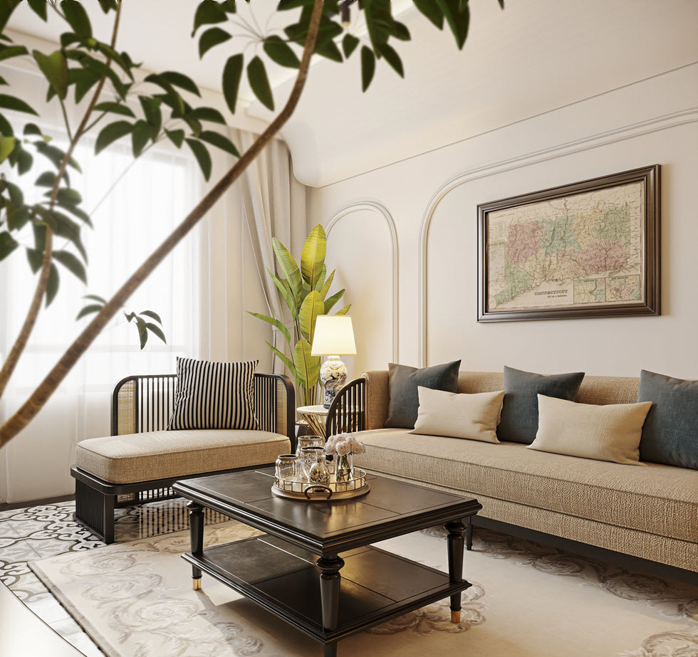 Phòng khách căn hộ đón được ánh sáng tự nhiên ngập tràn, làm nổi bật đường nét nội thất Indochine sang trọng, tinh tế.