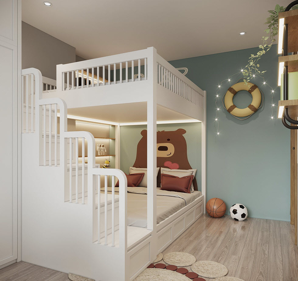 Phòng ngủ thứ ba trong căn hộ 103m2 dành cho các bé với thiết kế giường tầng an toàn, xinh yêu, chắc chắn sẽ khiến trẻ mê tít.