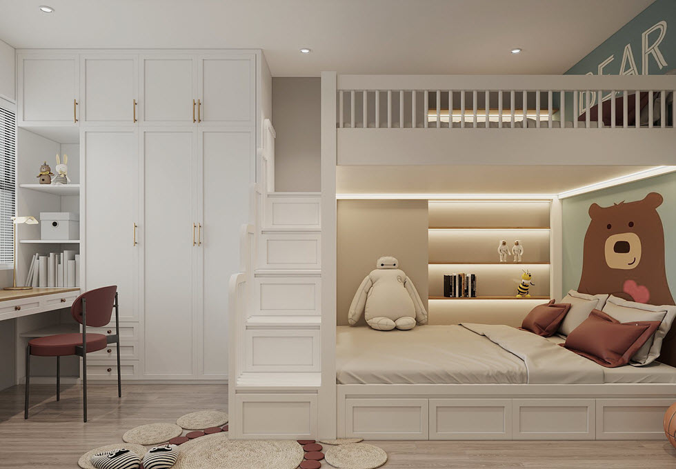 giường tầng cho trẻ với thiết kế hiện đại, xinh yêu, bậc thang lên giường tầng hai tích hợp ngăn kéo lưu trữ, ảnh gấu trang trí, tủ quần áo màu trắng kịch trần thoáng đẹp