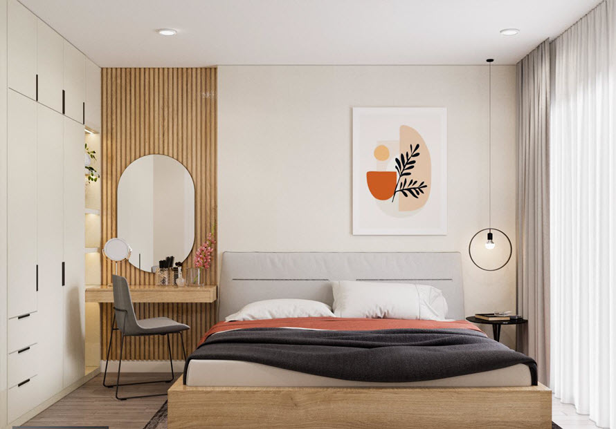 Đường nét nội thất hiện đại tối giản, những mảng nhấn bằng gỗ ấm áp, tranh tường nghệ thuật, đèn thả mềm mại... làm nên sức hút lạ kỳ cho phòng ngủ master.