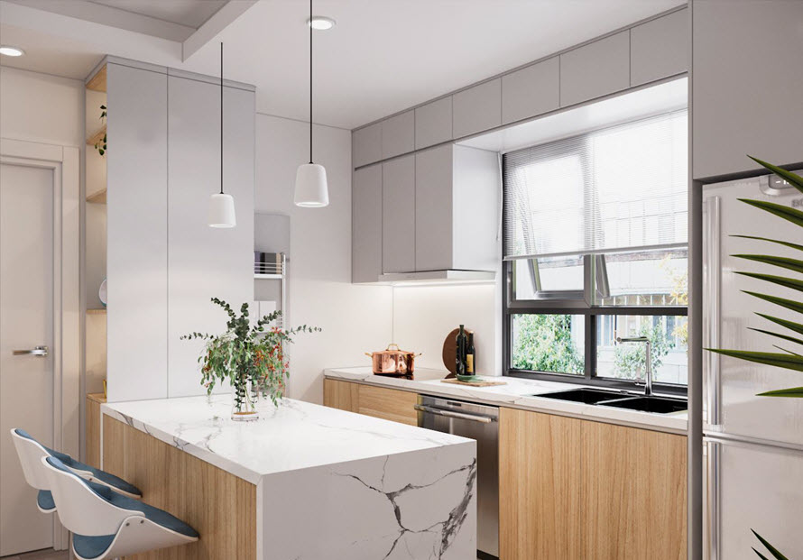 Gian bếp tiện nghi, gọn sạch và nhiều ánh sáng tự nhiên. Tông màu trắng xám chủ đạo mang lại vẻ sang trọng cho căn phòng.