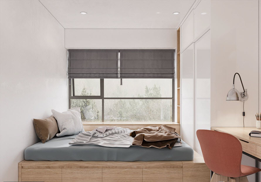 Phòng ngủ thứ hai trong căn hộ được thiết kế với phong cách hiện đại trẻ trung, nổi bật với giường ngủ đặt cạnh khung cửa sổ kính có tầm view thoáng đẹp.