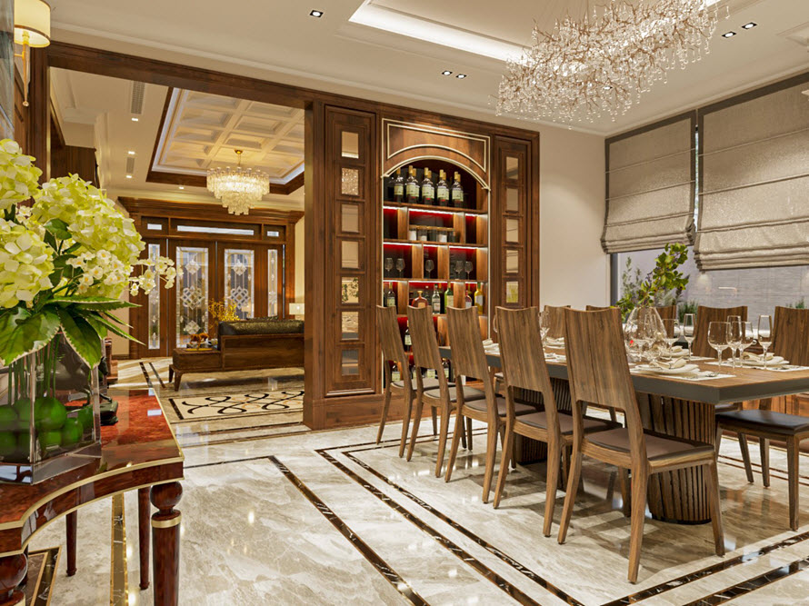 Phòng ăn được thiết kế tách biệt ở phía trong với nội thất gỗ chủ tạo mang lại cảm giác ấm cúng, thân thuộc.