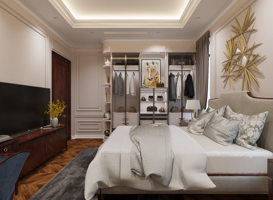 Tất cả các phòng ngủ trong biệt thự đều được thiết kế kết hợp giữa phong cách hiện đại và tân cổ điển nhẹ nhàng, tinh tế.