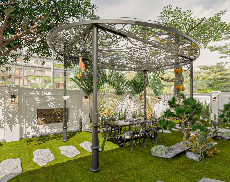phối cảnh không gian thư giãn ngoài trời với sân vườn xanh mát, bàn ghế sắt chạm khắc tinh tế
