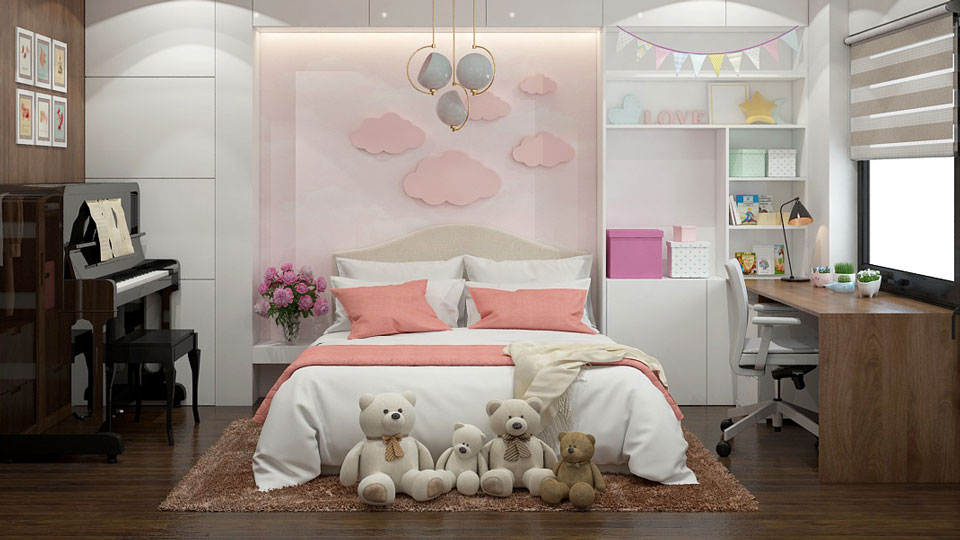 Mẫu thiết kế nội thất phòng ngủ xinh yêu dành cho cô con gái mà bạn có thể tham khảo. Căn phòng đủ rộng để tích hợp cả góc học tập, giải trí.