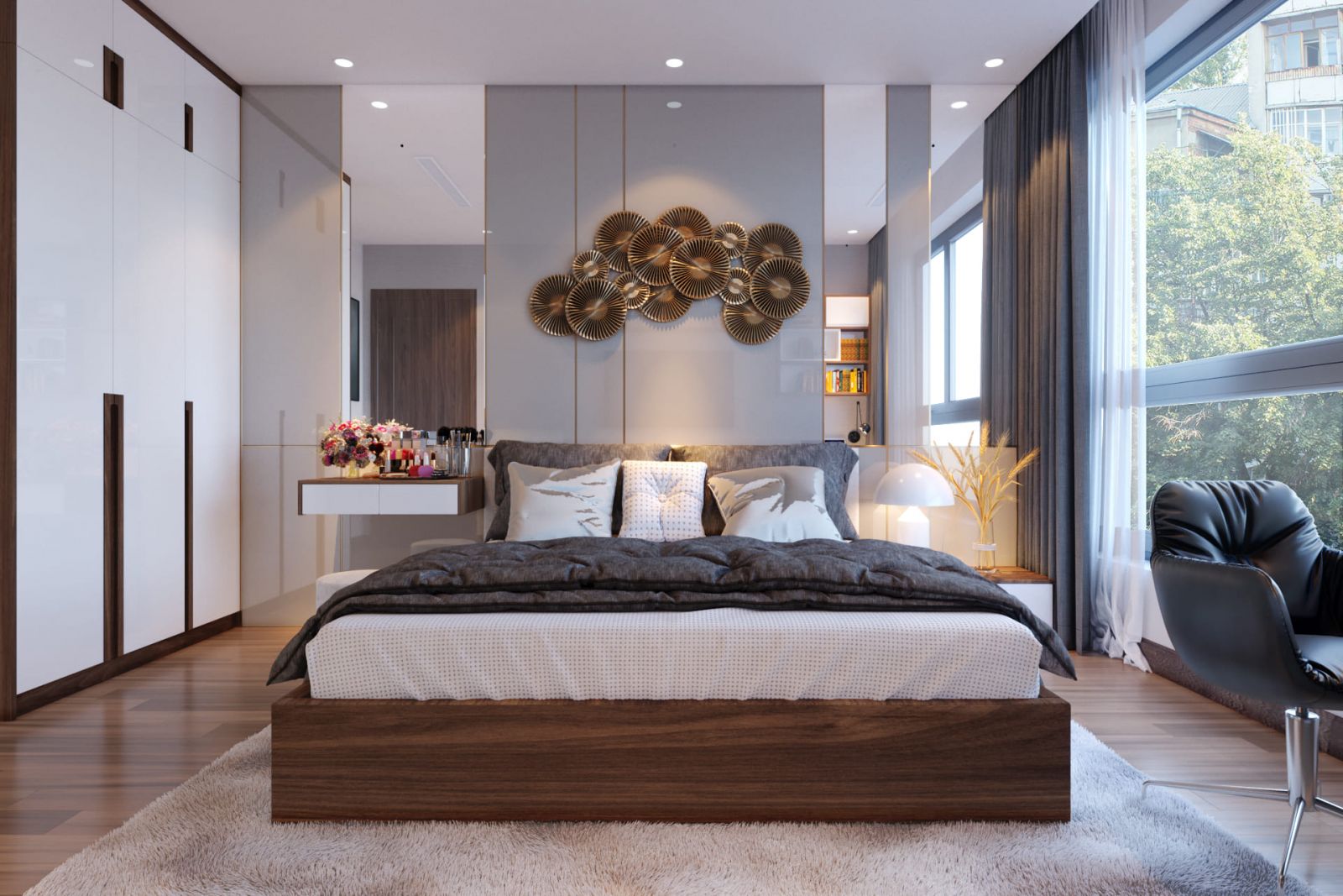 Phòng ngủ master phong cách tân cổ điển nhẹ nhàng phối cùng chất hiện đại sang trọng. Với cửa kính cường lực trong suốt, căn phòng ngập tràn ánh sáng tự nhiên.
