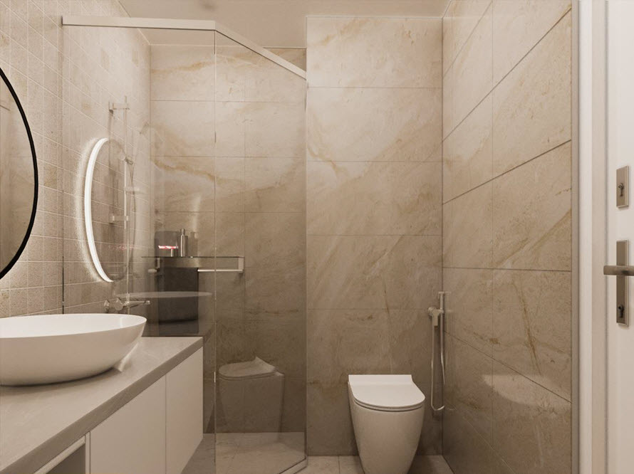 Buồng tắm vòi sen phân tách với khu vệ sinh bên ngoài bằng vách kính trong suốt mang lại vẻ thoáng rộng, hiện đại cho căn phòng.