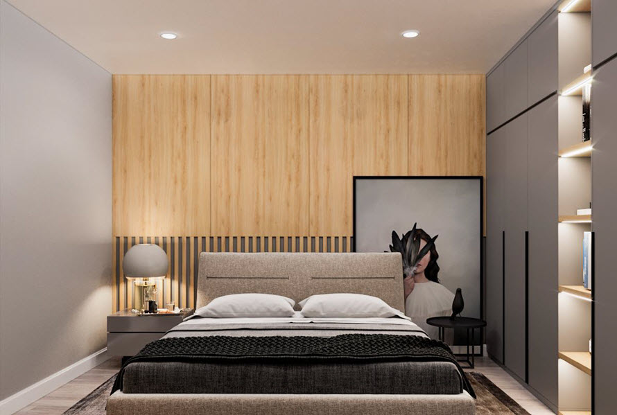 Phòng ngủ với tường đầu giường ốp gỗ sáng màu ấm áp.