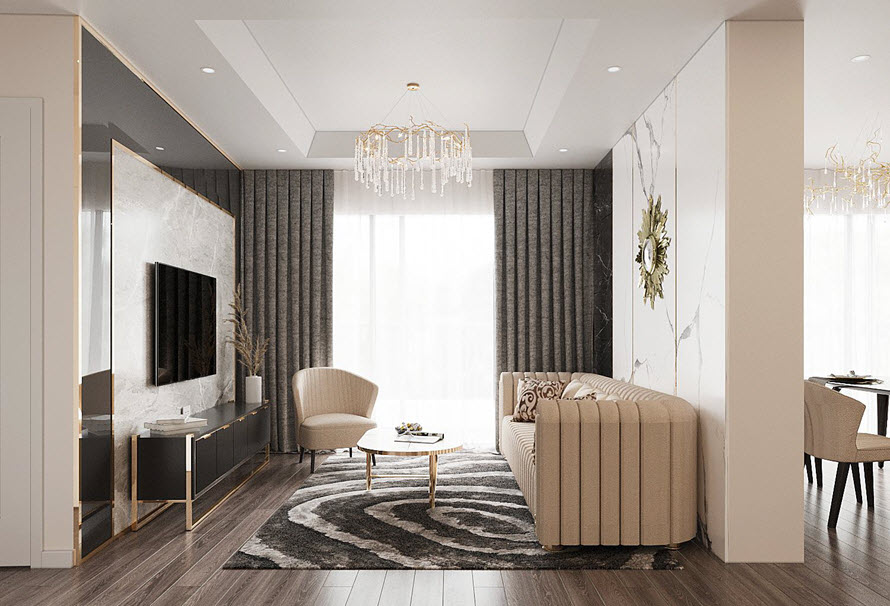 Thảm trải sàn phòng khách và rèm cửa cùng tông màu ghi xám hoàn thiện vẻ ngoài thanh lịch, hiện đại cho căn phòng.