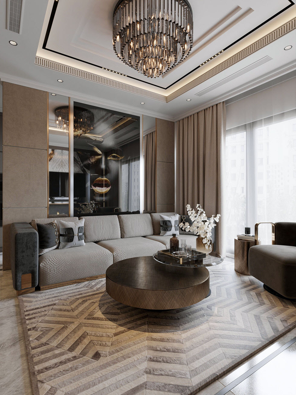 Kiến trúc sư lựa chọn những món đồ nội thất cao cấp với thiết kế độc đáo, tông màu trung tính thanh lịch. Phòng khách vì thế toát lên sang trọng đúng chất "hạng A".