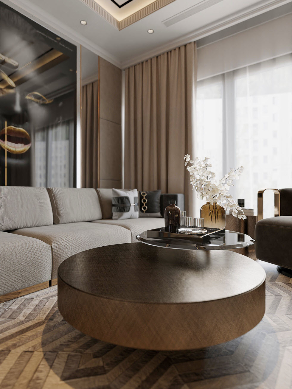 Bàn cà phê hình dạng khối tròn tạo điểm nhấn mềm mại cho không gian phòng khách căn hộ 3 phòng ngủ sang trọng.