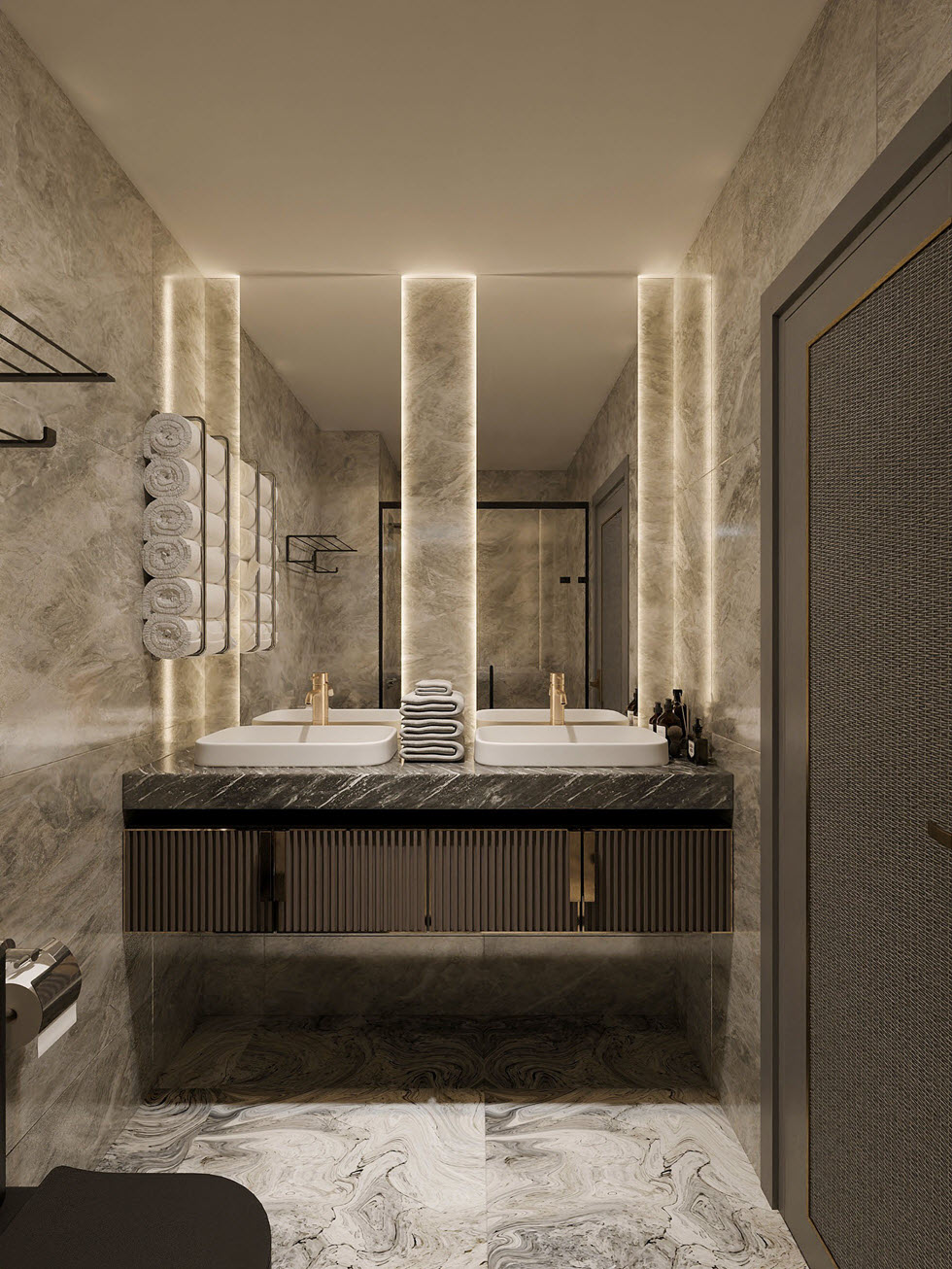Nội thất phòng tắm, vệ sinh được hoàn thiện với vật liệu cao cấp, tông màu trung tính sang trọng tựa như khách sạn 5 sao.