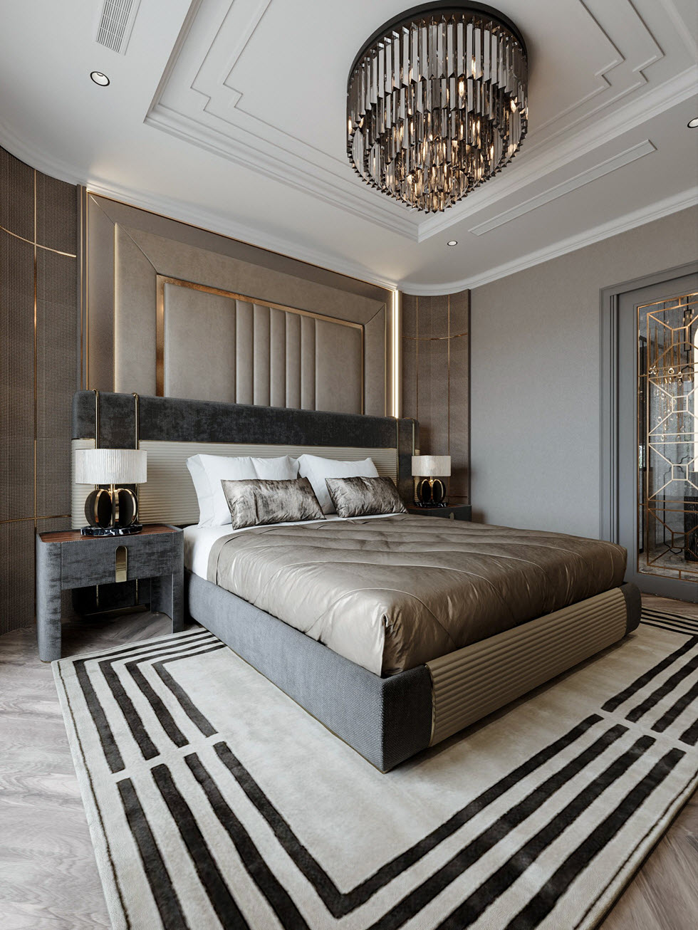 Thiết kế nội thất phòng ngủ master đậm chất Luxury với giường nệm cao cấp, tab đối xứng và decor tường đầu giường ấn tượng.