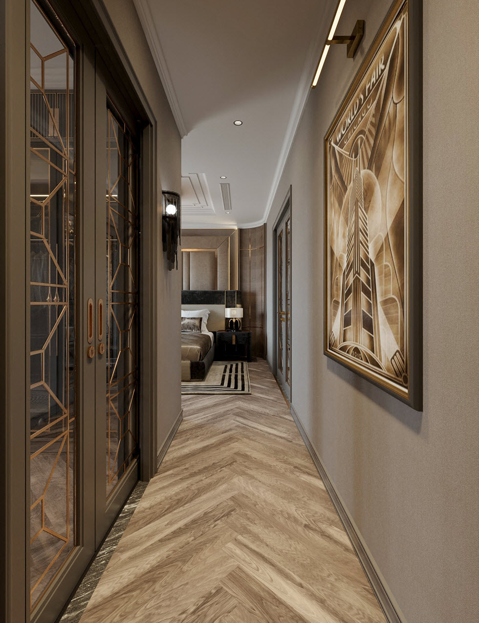 Tranh tường phong cách Luxury được bố trí khéo léo ở khu vực hành lang.