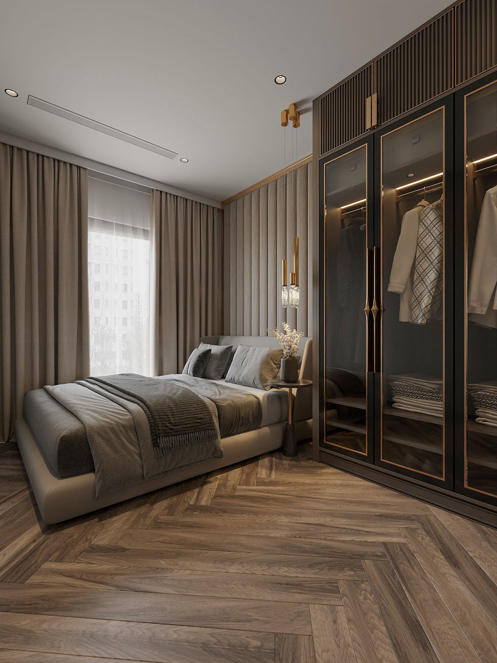 Các phòng ngủ trong căn hộ đều được thiết kế với tông màu trung tính nhẹ nhàng, tạo cảm giác thư giãn.