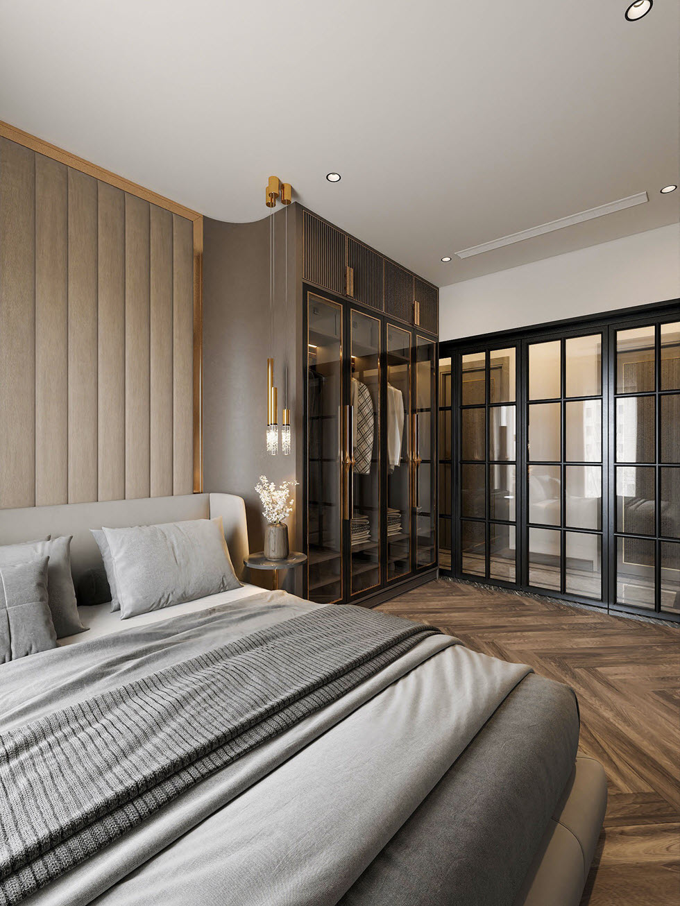 Tủ quần áo tại các phòng ngủ được thiết kế tương tự nhau với cửa kính trong suốt, bo viền khung đen sang trọng.