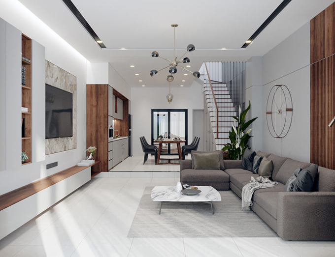 Phòng khách tạo cảm giác thân thiện ngay từ cái nhìn đầu tiên với thiết kế nội thất hiện đại tối giản, tông trung tính sáng chủ đạo.