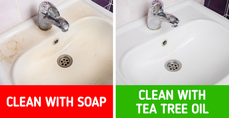 hình ảnh bồn rửa mặt phòng tắm trước và sau khi được tẩy rửa bằng tinh dầu cây trà