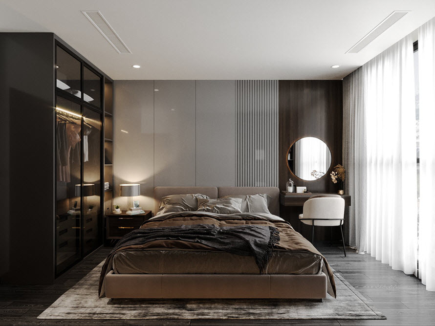 Phòng ngủ thứ hai trong căn hộ 85m2 có thiết kế tương tự phòng master với tủ quần áo cửa gương sang trọng, bắt mắt.