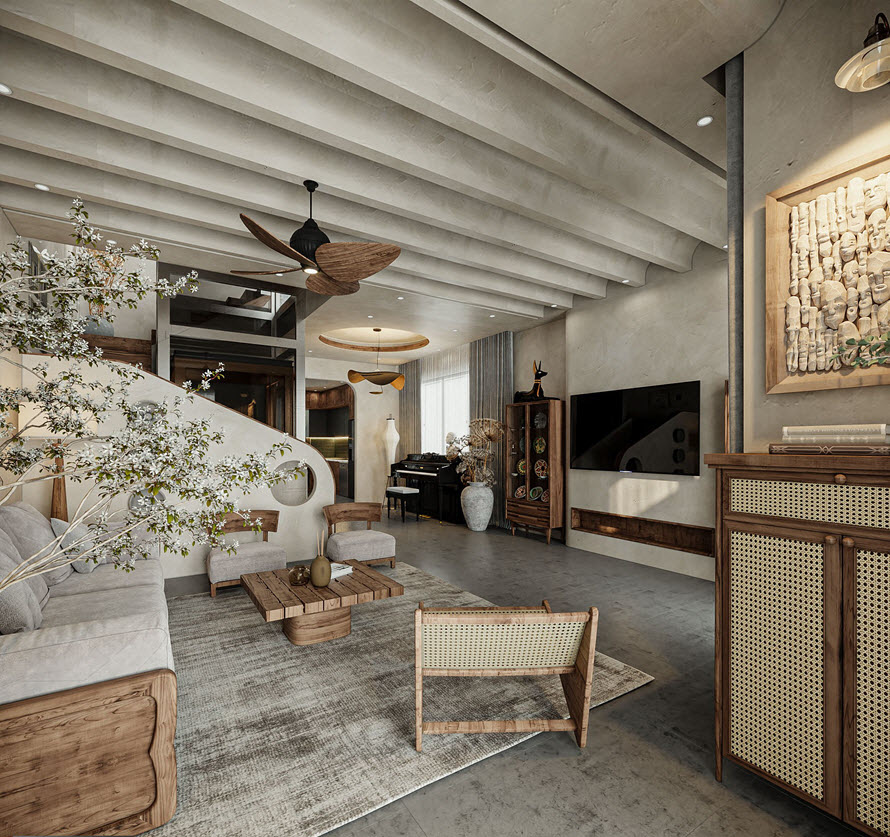 Tầng trệt biệt thự phong cách Wabi Sabi dành trọn cho không gian sinh hoạt chung của gia đình với phòng khách, phòng ăn và gian bếp.