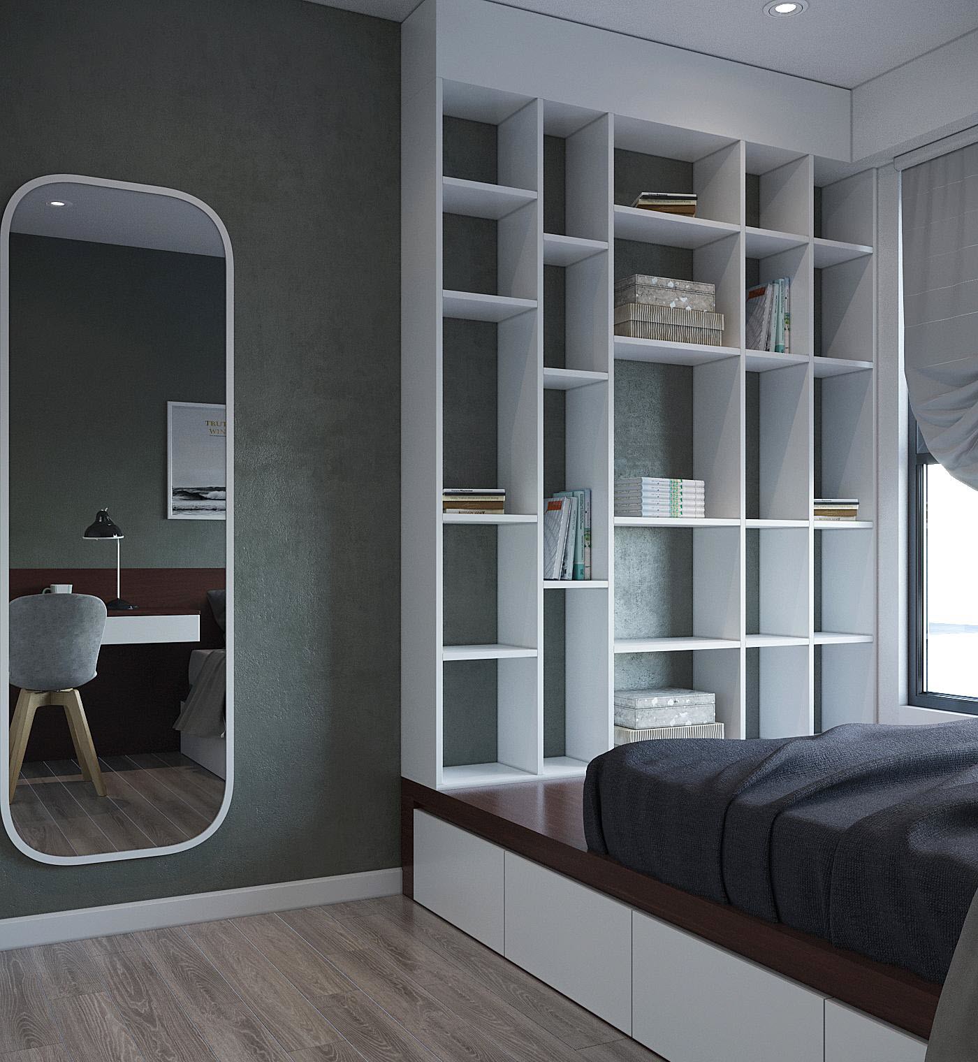Khung gương lớn và hệ kệ cuối giường tạo điểm ấn tượng cho phòng ngủ này, bổ sung thêm các tiện ích khác.