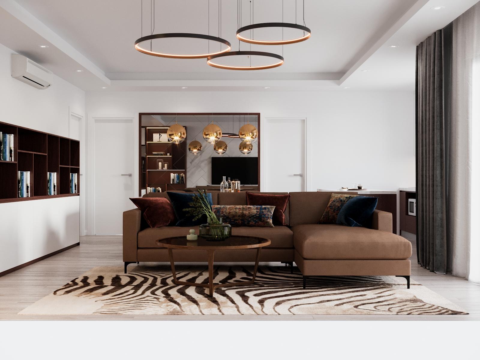 phòng khách căn hộ hiện đại với ghế sofa màu nâu cà phê ấm áp