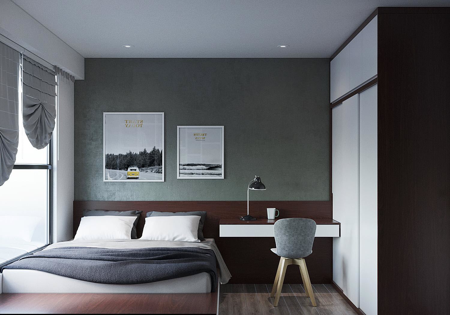 Phòng ngủ thứ hai trong căn hộ 75m2 có thiết kế tương tự với tường đầu giường màu xám xanh dịu mắt, tạo cảm giác thư giãn.