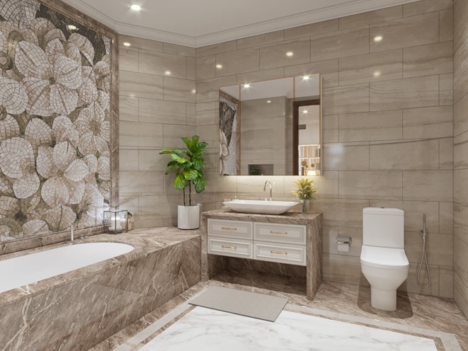 Mẫu thiết kế phòng tắm - vệ sinh nhà ống 4 tầng có gác lửng hiện đại sang trọng với gạch ốp lát tông màu trung tính trang nhã.
