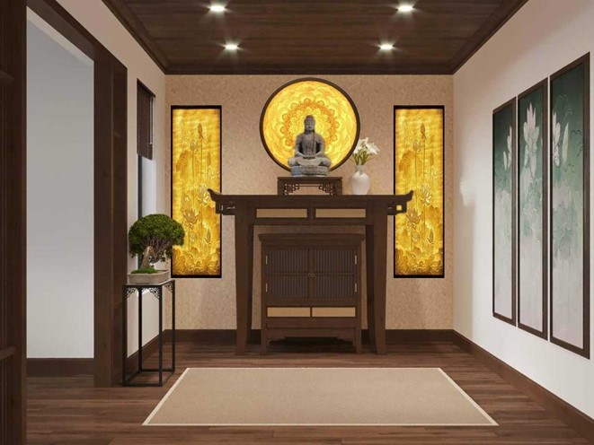 Mẫu thiết kế nội thất phòng thờ đơn giản, ấm áp và đảm bảo tính tôn nghiêm cần có.