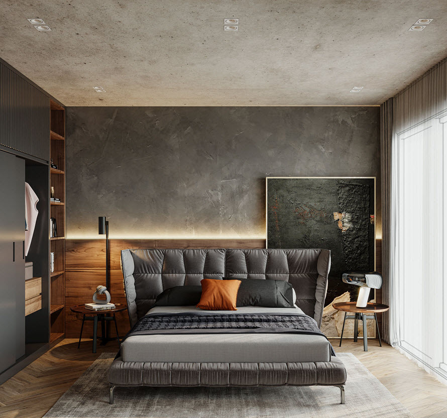 Một phòng ngủ khác với thiết kế nội thất phong cách công nghiệp hiện đại trẻ trung, thể hiện được cá tính của chủ nhân căn phòng.