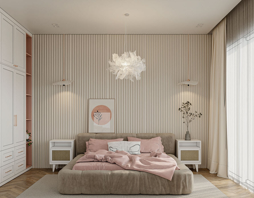 Phòng ngủ thứ tư trong biệt thự đơn lập này hoàn toàn khác biệt khi sử dụng bảng màu trắng, be, hồng pastel nhẹ nhàng, nữ tính.