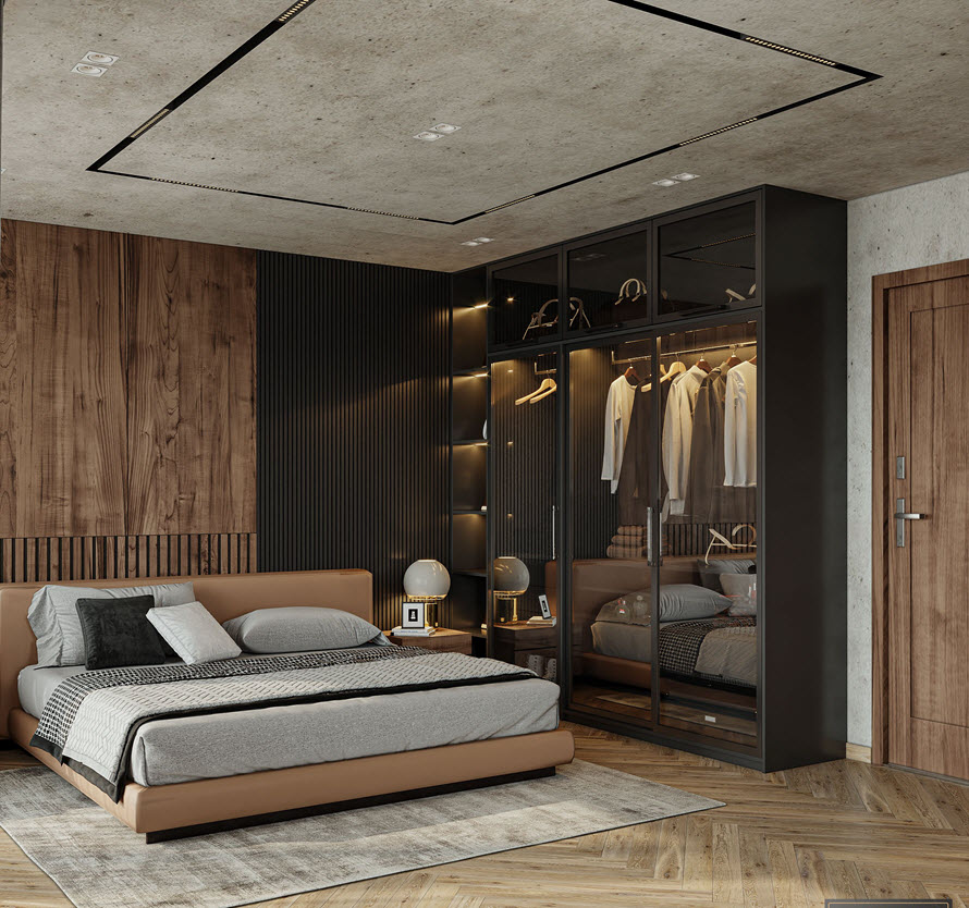 Sàn gỗ kiểu xương cá cùng tông với cửa vào và tấm ốp đầu giường tạo sự liền mạch, thống nhất cho không gian phòng.
