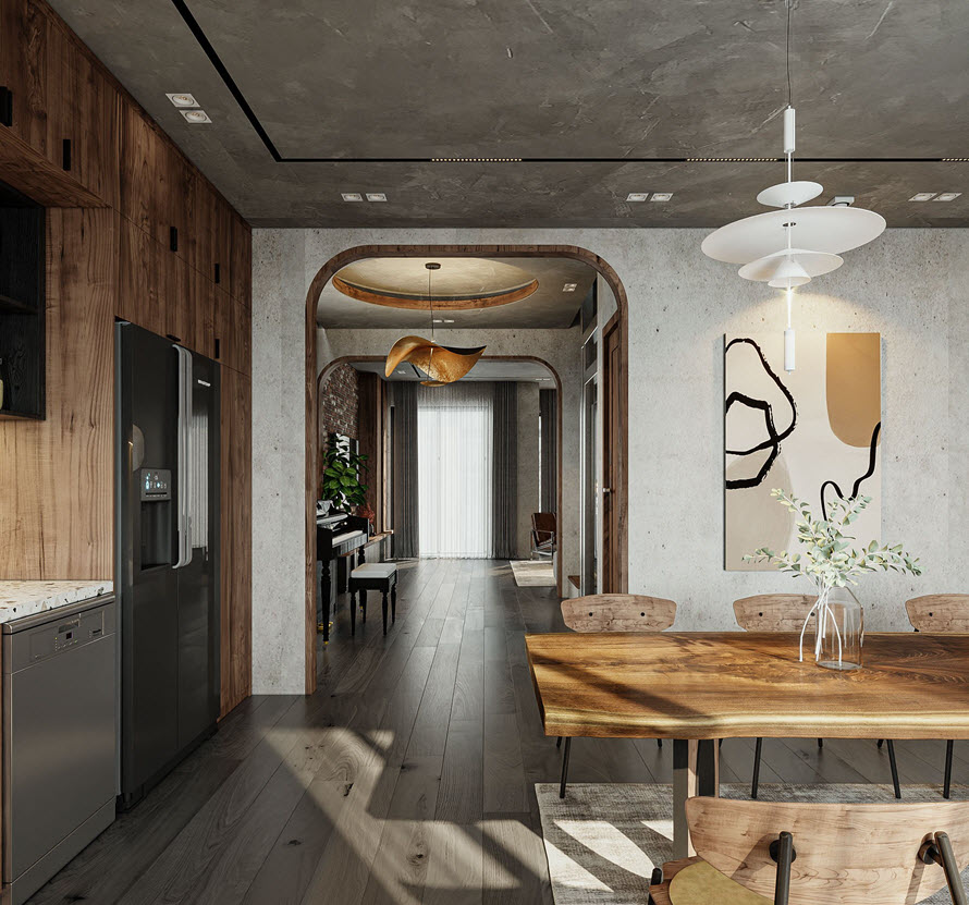 Cửa vòm cao rộng kết nối phòng bếp với không gian phòng khách bên ngoài. Với bố cục này, các phòng đều đón được ánh sáng tự nhiên.