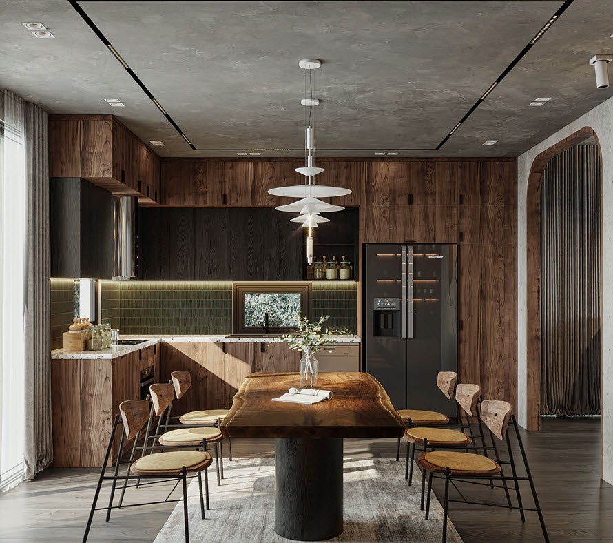 Với phòng bếp và không gian ăn uống, kiến trúc sư ưu tiên sử dụng nội thất gỗ tự nhiên nhằm tăng sự ấm cúng, gần gũi.