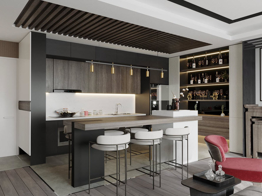 Phòng bếp thiết kế liền kề liên thông với phòng khách. Bar trung tâm kiêm chức năng bàn ăn ấn tượng. Đây cũng là vách ngăn tương đối phân chia các khu vực chức năng.
