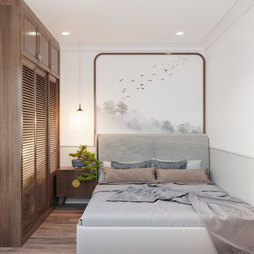 Phòng ngủ thứ ba trong căn hộ 90m2 toát lên vẻ sang trọng, thanh lịch với gam màu xám nhạt kết hợp ăn ý với sắc nâu gỗ.