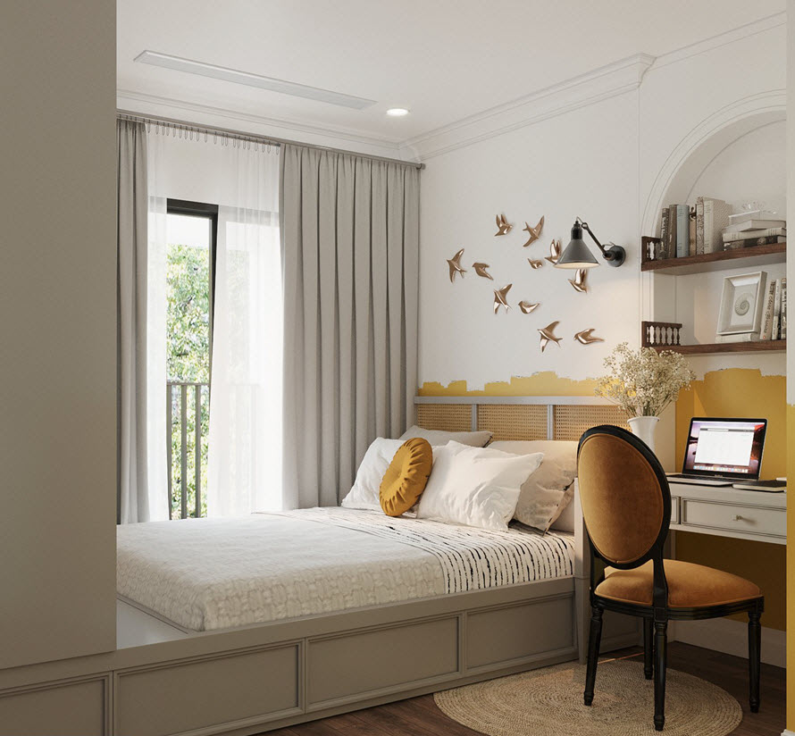 Phòng ngủ phối màu vàng - trắng, decor hình ảnh đàn chim đầu giường