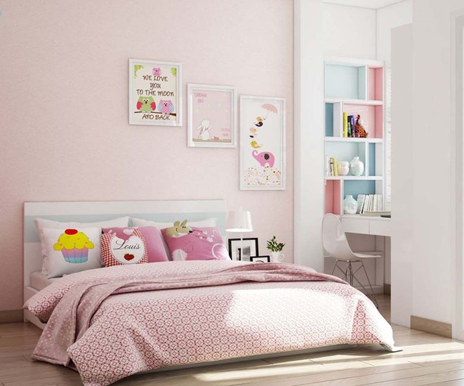 phòng ngủ con gái với sắc hồng chủ đạo