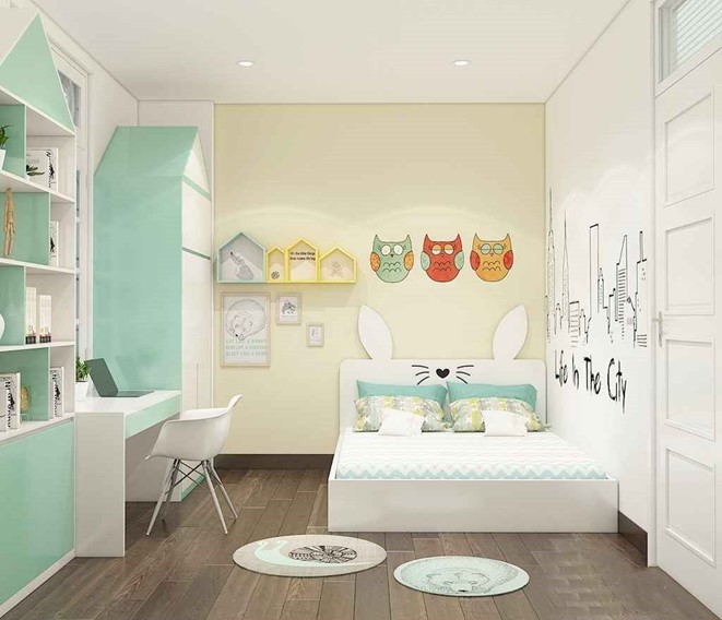 Mẫu thiết kế nội thất phòng ngủ xinh yêu dành cho cô con gái với bảng màu pastel nhẹ nhàng, phối kết tinh tế.