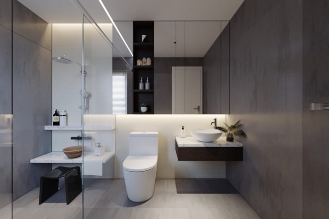 Phòng tắm và vệ sinh trong nhà vườn 2 tầng mái Thái với thiết kế hiện đại, tiện nghi tối đa hóa công năng sử dụng.