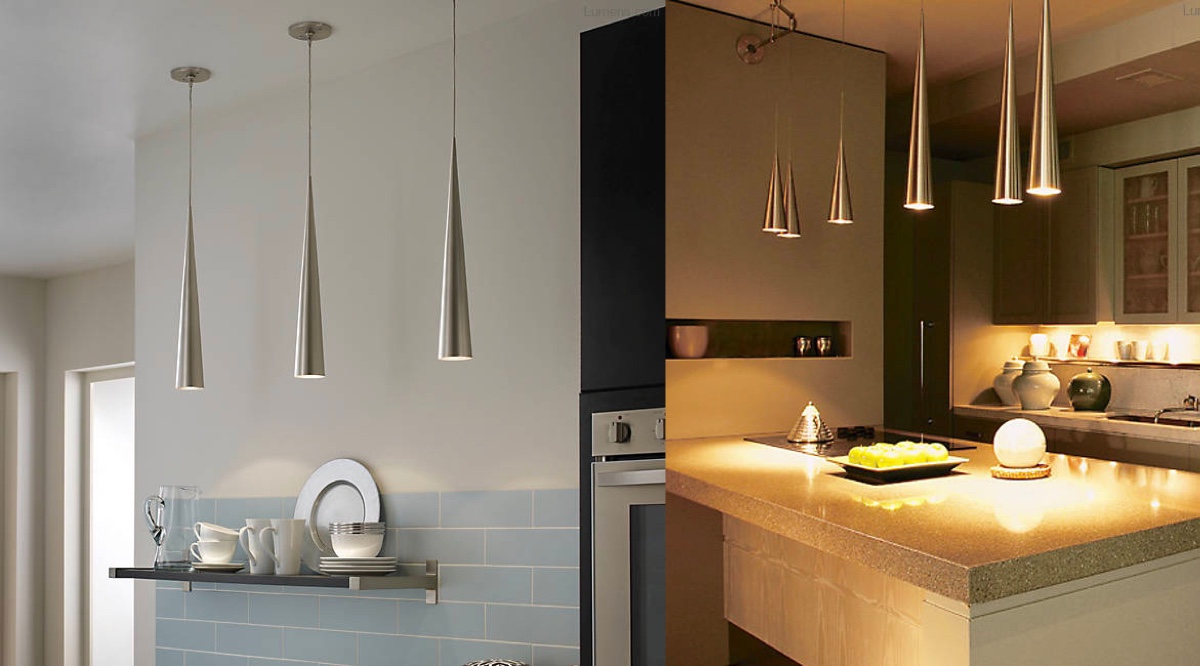 Mẫu đèn thả trần phòng bếp với mặt dây chuyền hình nón hiện đại, cá tính. Đèn có nhiều kích cỡ để bạn lựa chọn phù hợp với không gian bếp cụ thể.