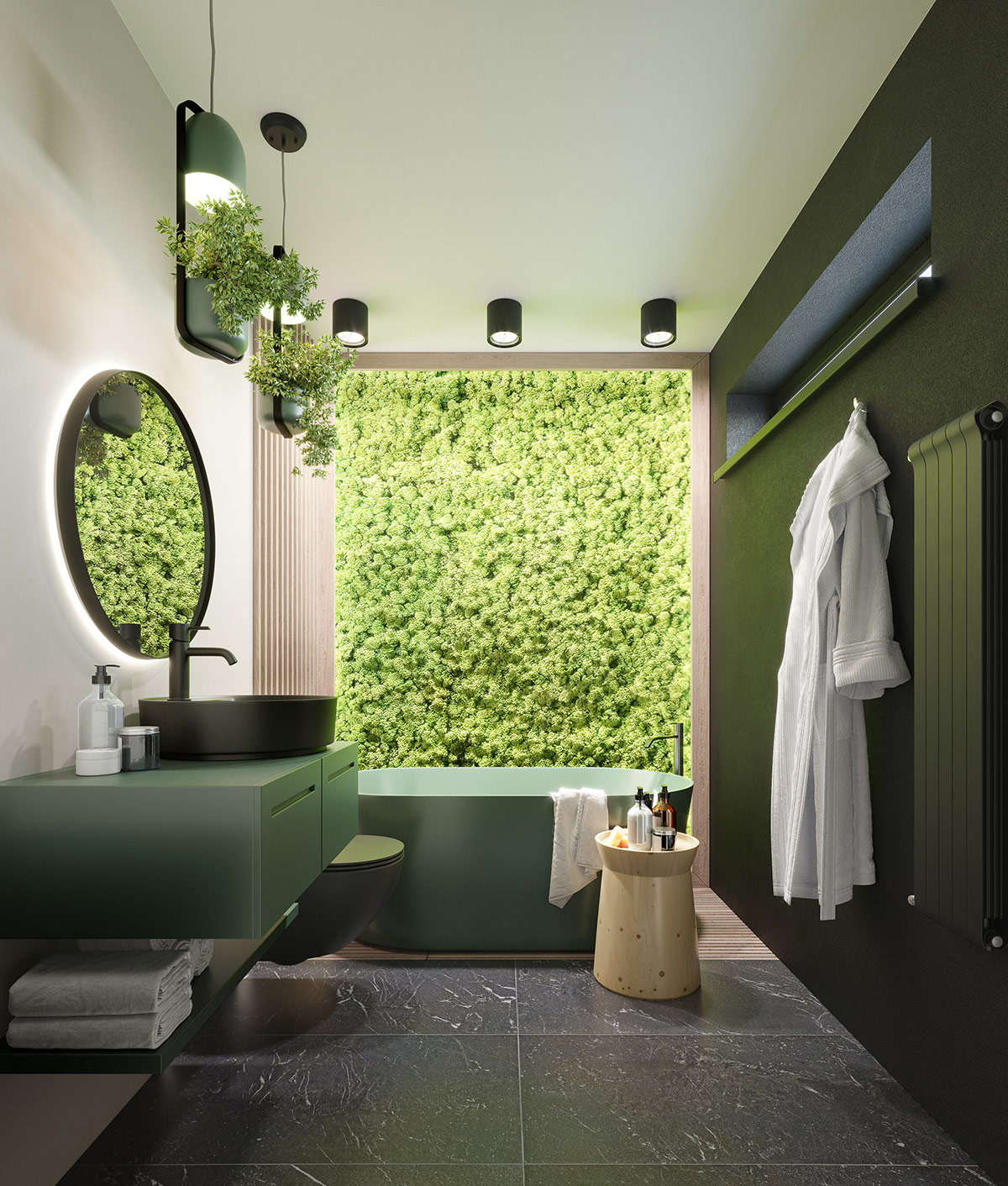 Một bồn tắm màu xanh lá cây và vườn thẳng đứng độc đáo, gây ấn tượng thị giác mạnh mẽ ngay từ cái nhìn đầu tiên.