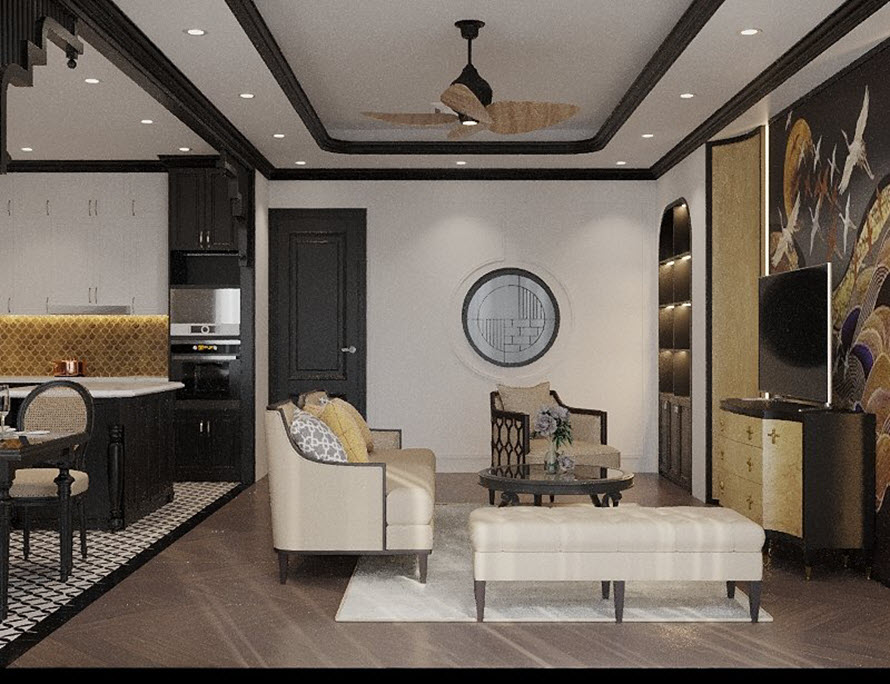 Vật liệu lát sàn giúp phân tách tương đối phòng khách và không gian bếp, phòng ăn trong ngôi nhà phố ở Long Biên.