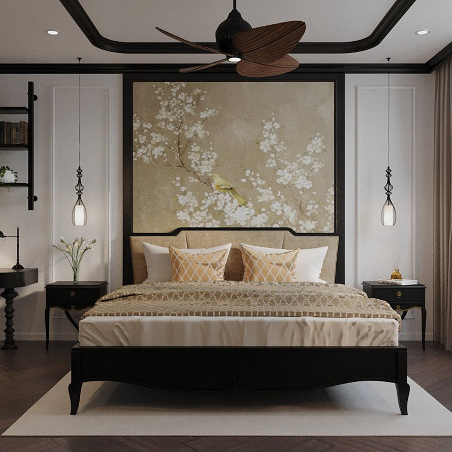Thiết kế nội thất phòng ngủ master theo phong cách Indochine đẹp mê với bức tranh tường nghệ thuật tạo điểm nhấn tinh tế.