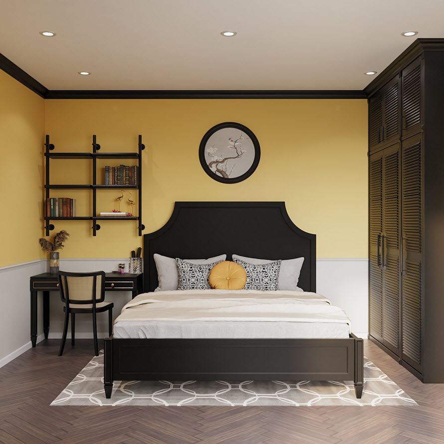 Thiết kế nội thất phòng ngủ thứ ba trong biệt thự đơn lập thiên về tối giản, chỉ sử dụng những tiện ích thiết yếu nhất.