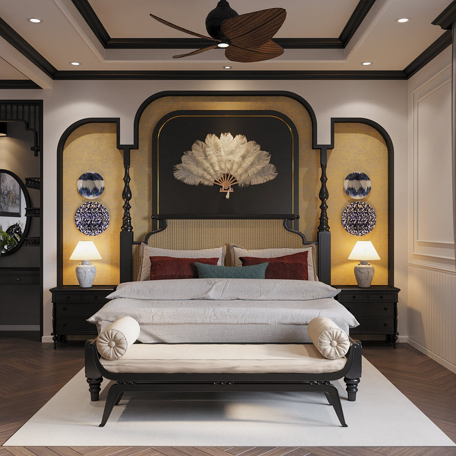 Phòng ngủ thứ hai đậm chất Đông Dương với sắc vàng ấm áp cho tường đầu giường, bài trí đối xứng sang trọng.