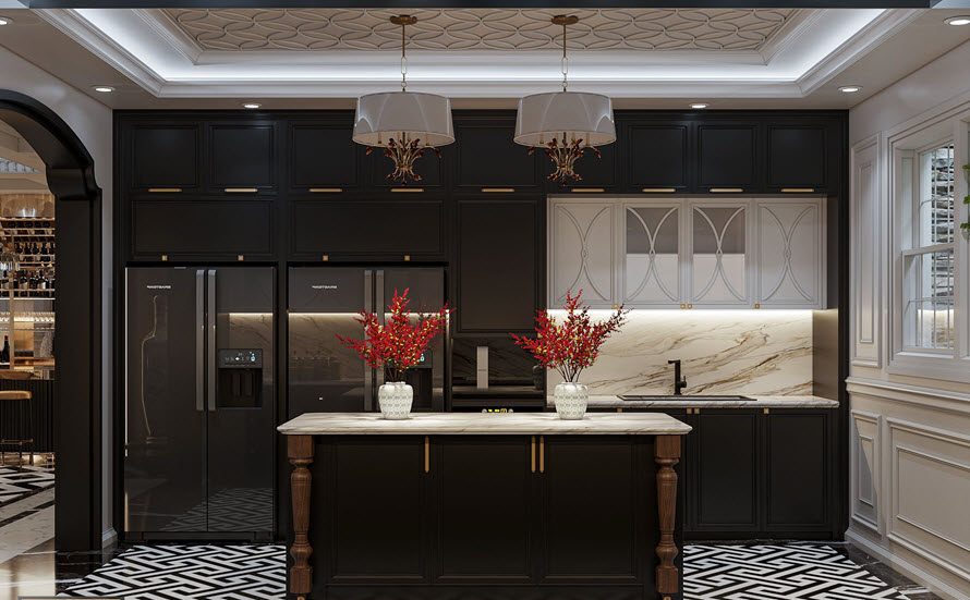 Khu vực nấu nướng với hệ tủ cao kịch trần ấn tượng. Tông màu đen tuyền giúp gia tăng chiều sâu cho không gian phòng.