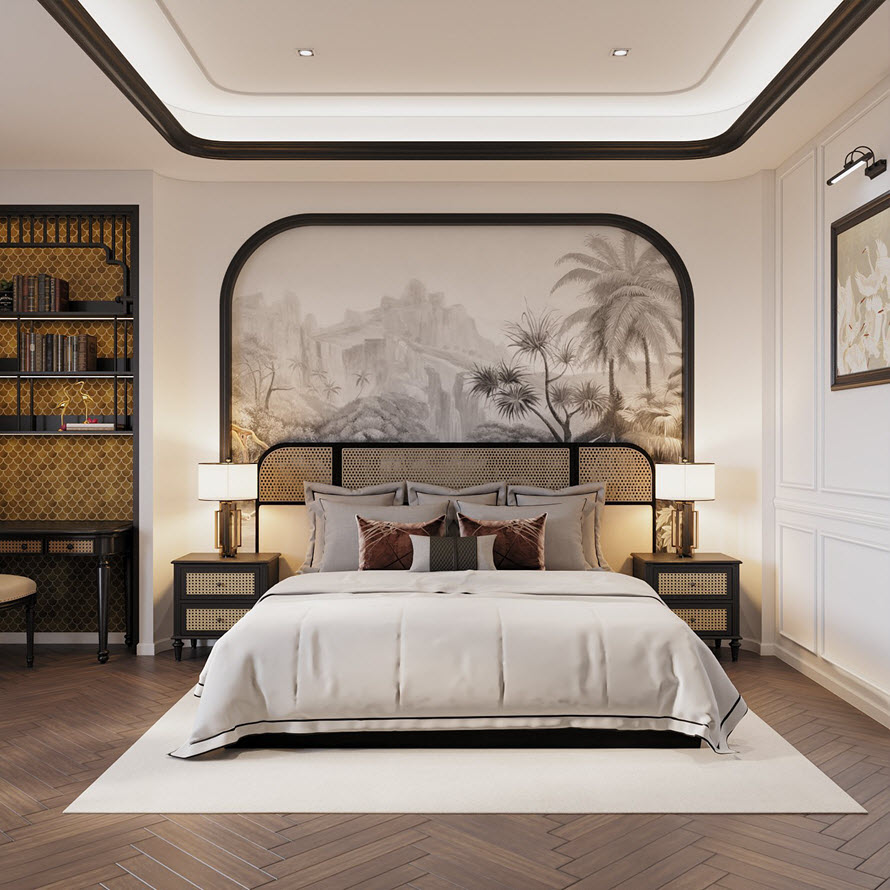 Vẫn là phong cách nội thất Indochine - Luxury nhưng được thể hiện nhẹ nhàng, thanh thoát hơn trong phòng ngủ này.